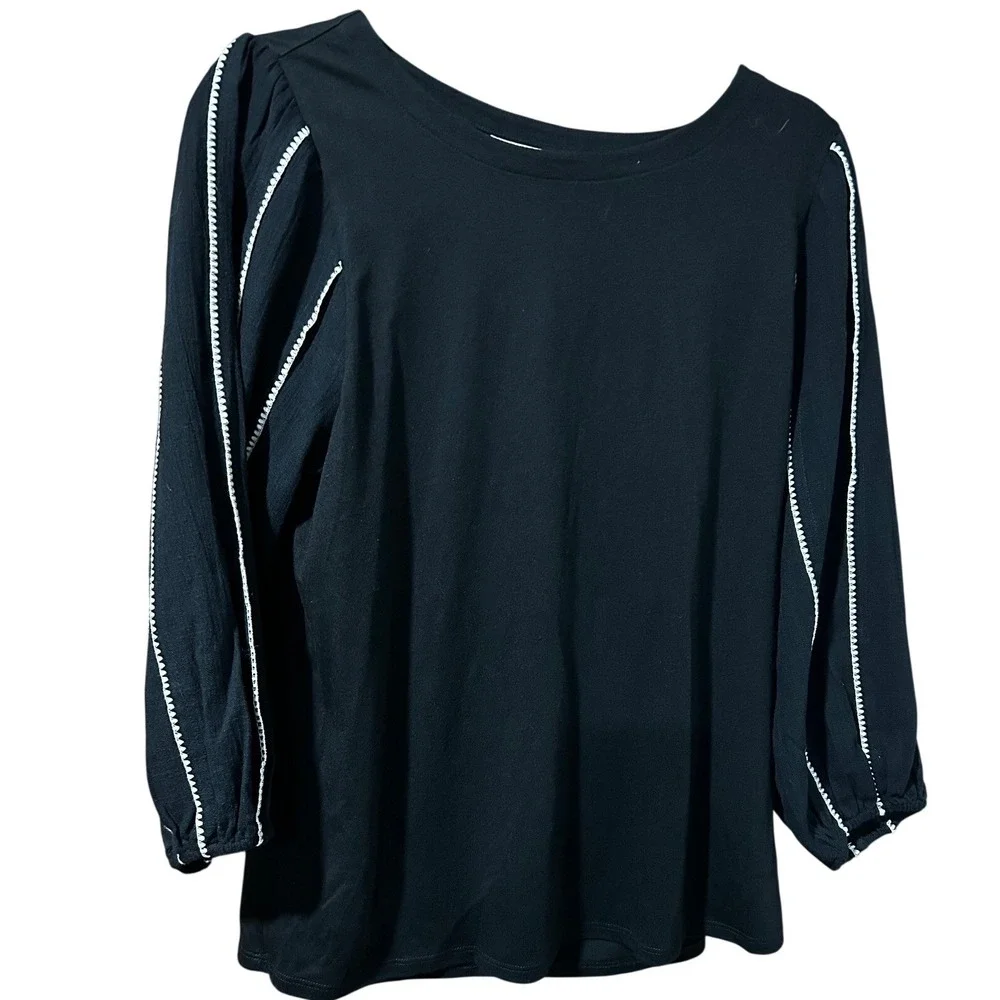 J. Jill Embroidered Gauze Top Black‎ White Contrast Stitch Pleated Sleeve Small